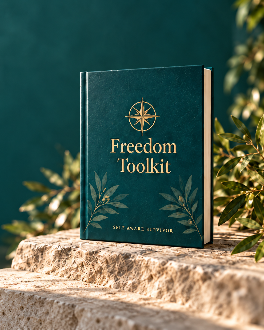 Cover mockup of the digital Freedom Toolkit with a gold compass on a teal cover.